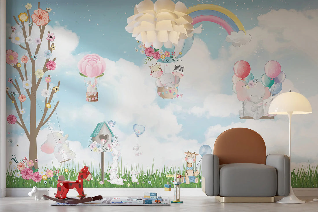 Sky Garden Animal Balloon Kids Wallpaper