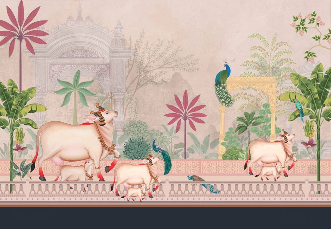 Pastel Blooming Pichwai fabric by Quirky Looks featuring intricate floral and traditional Indian art in soft pastel colors.