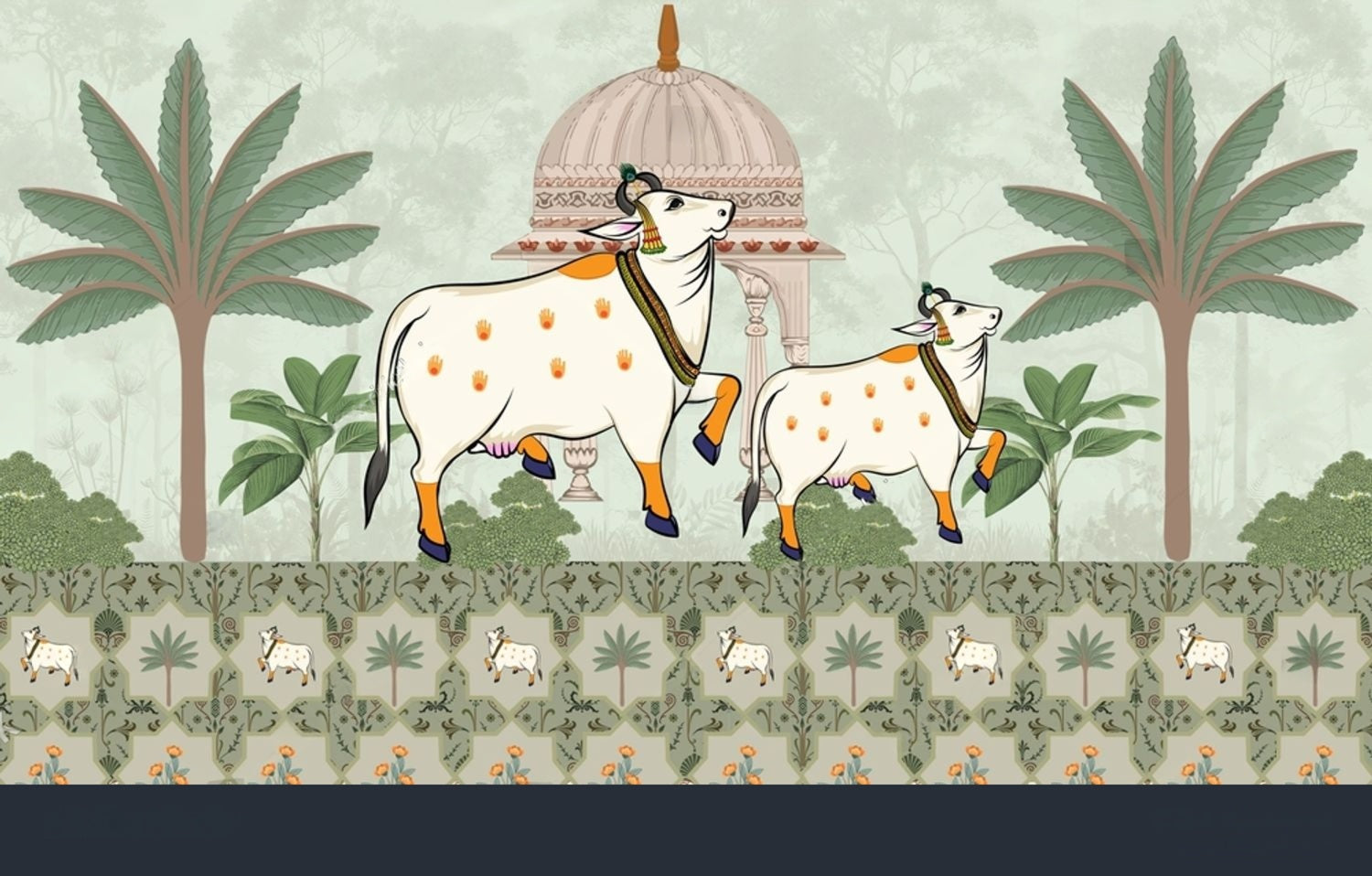 Intricate Forest Temple Calm Pichwai textile artwork by Quirky Looks featuring detailed traditional Indian temple and nature motifs.