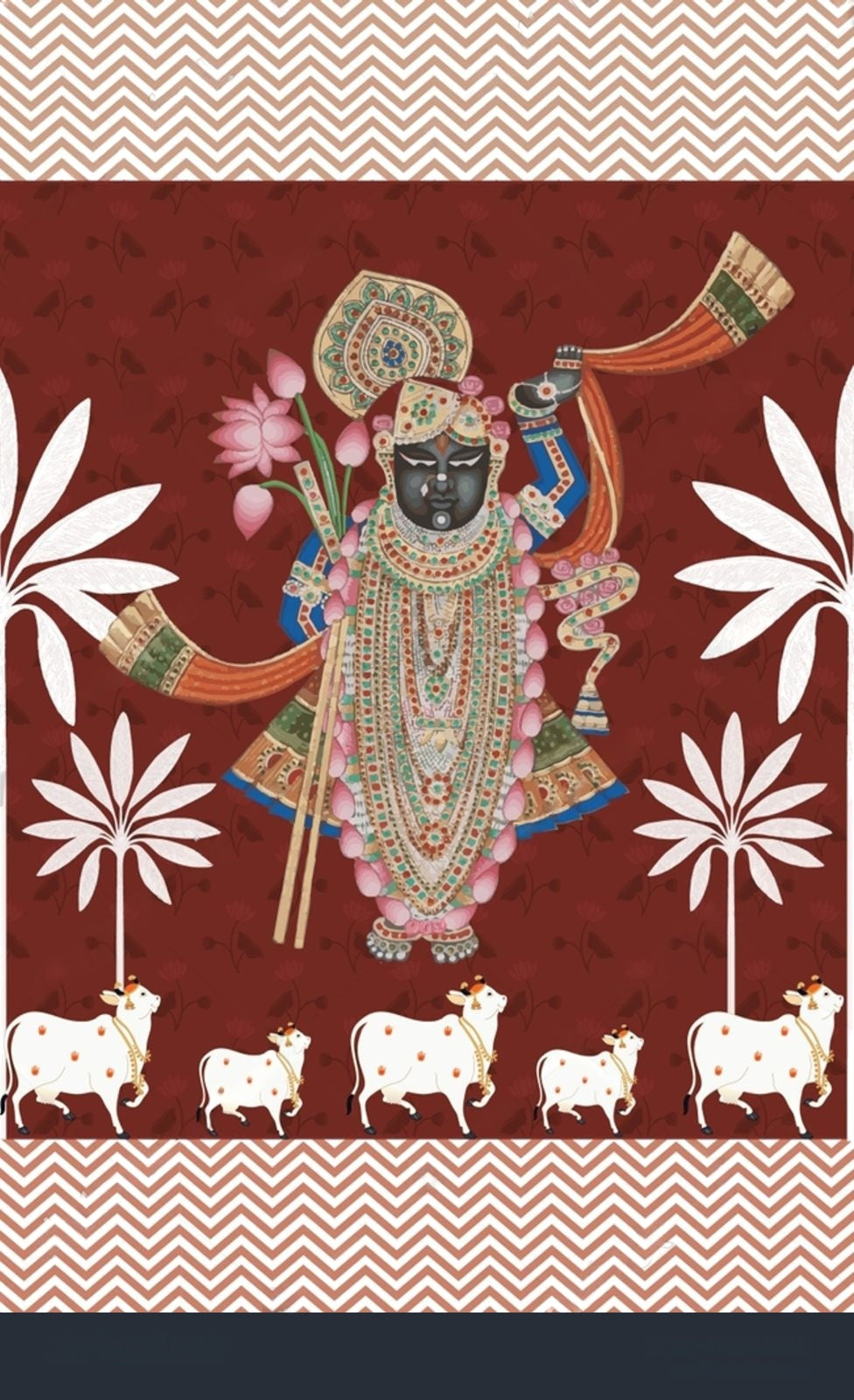 Detailed image of a Shrinathji Pichwai with cows, showcasing vibrant traditional Indian textile art by Quirky Looks.