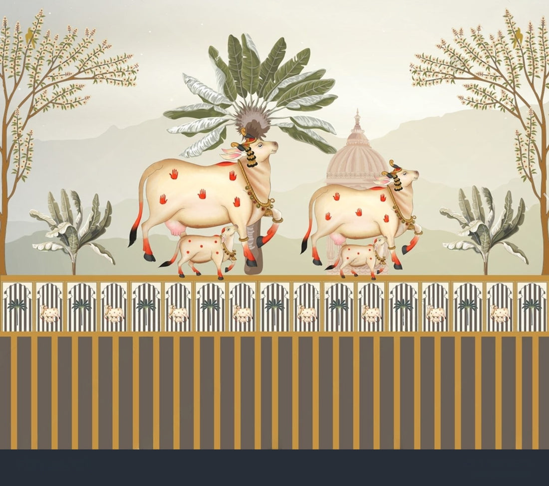 Colorful Blooming Pichwai with cows artwork by Quirky Looks, showcasing intricate traditional Indian textile design.