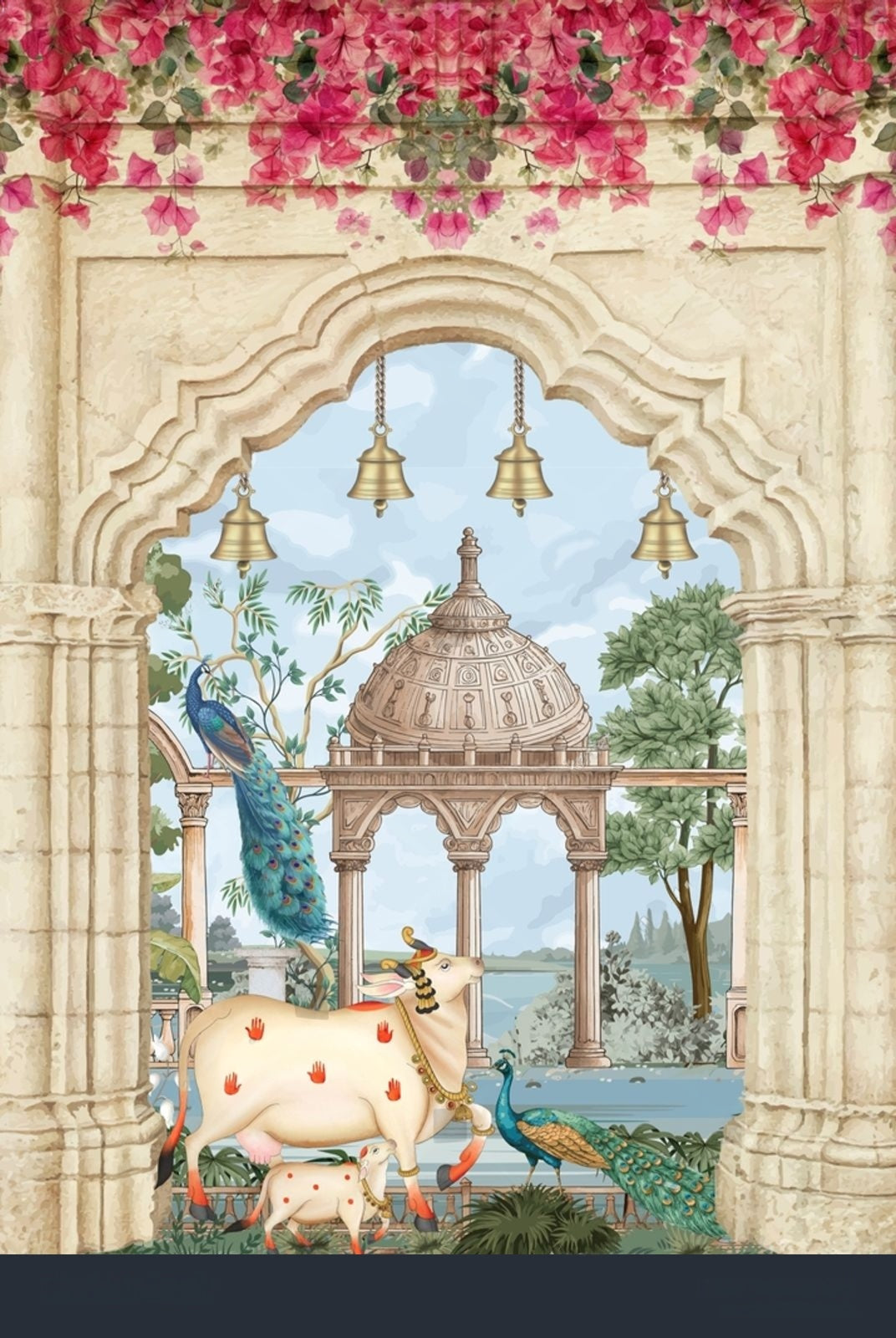 Peacock Courtyard Grace Pichwai artwork by Quirky Looks featuring intricate traditional Indian textile design with peacock motifs.