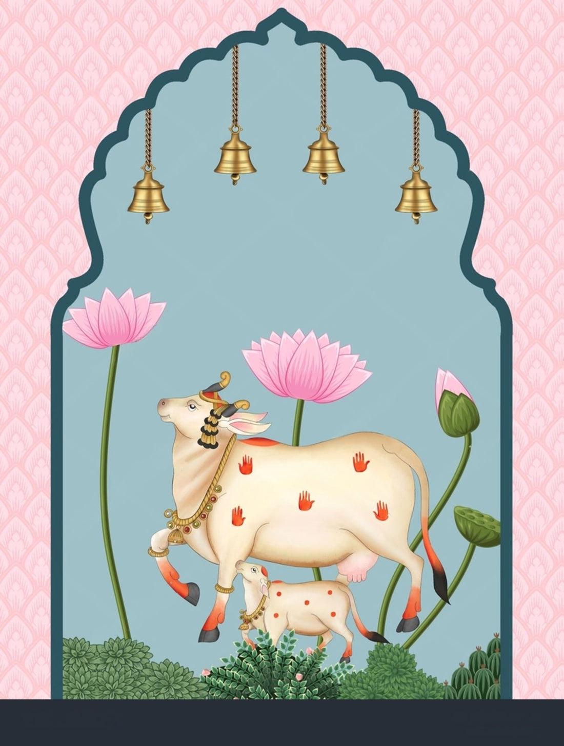 Close-up of the Blush Arch Serenity Pichwai by Quirky Looks, featuring intricate traditional Indian artwork with vibrant colors and detailed patterns.