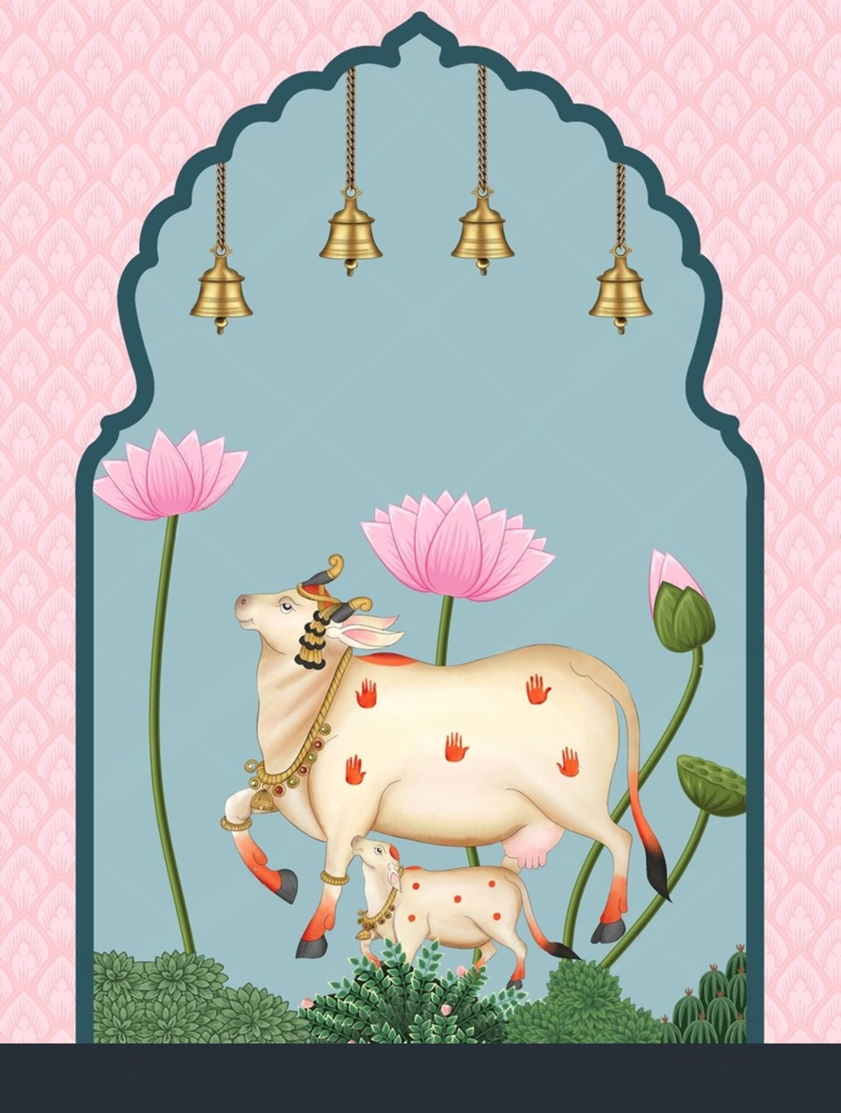 Close-up of the Blush Arch Serenity Pichwai by Quirky Looks, showcasing intricate traditional embroidery in blush and vibrant colors.