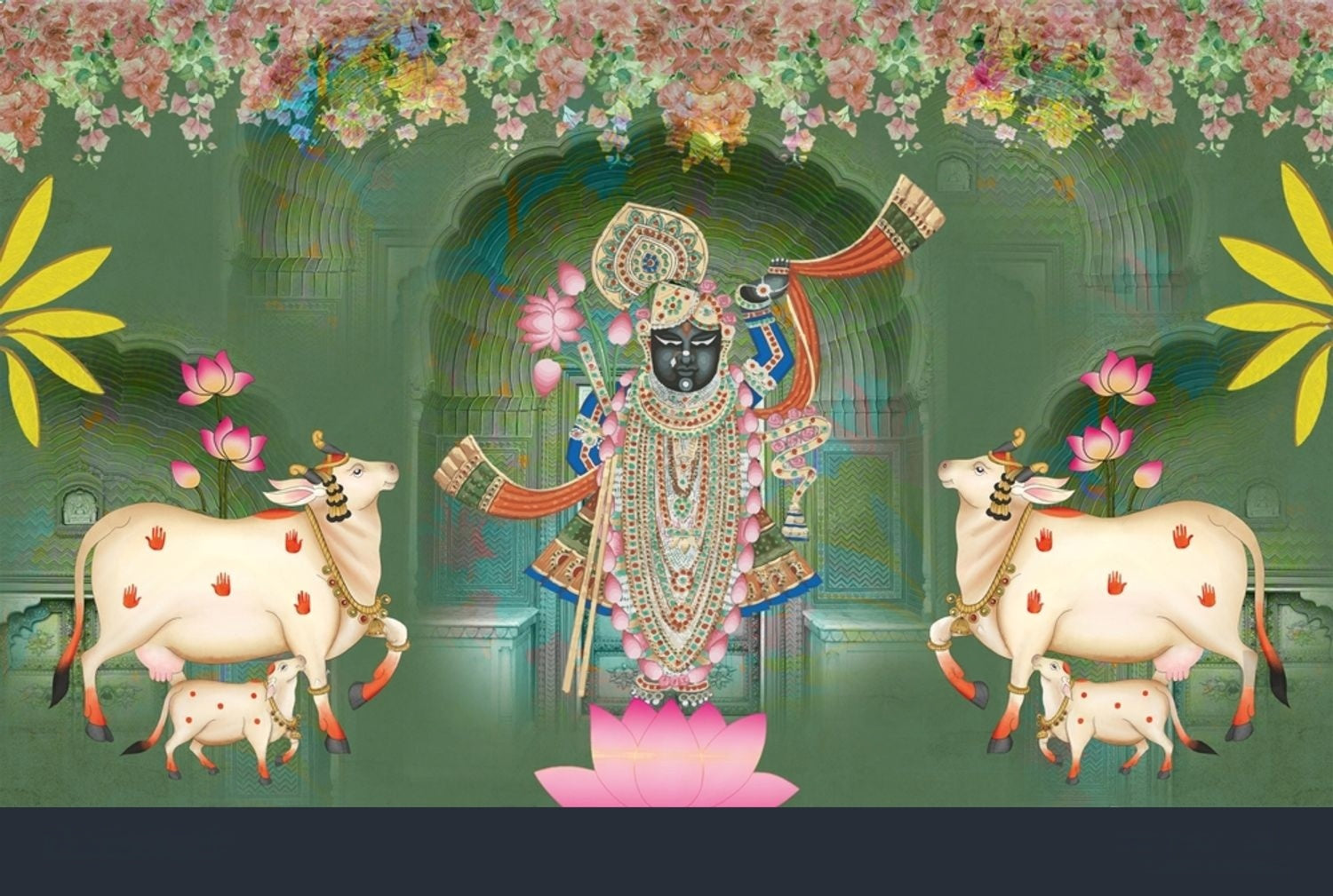 Colorful Shrinathji Divine Pichwai textile artwork with intricate traditional designs, crafted by Quirky Looks.