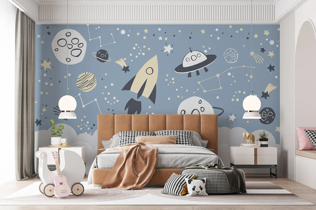 Rocket & Planet Sky Kids Wallpaper