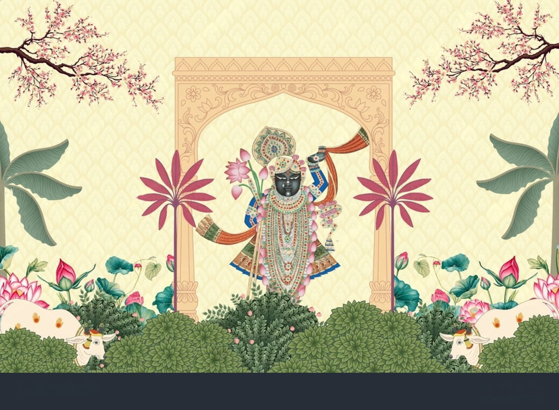Ivory Shrinathji in garden scene from Quirky Looks Pichwai art, intricate details, vibrant colors, traditional Indian religious painting.