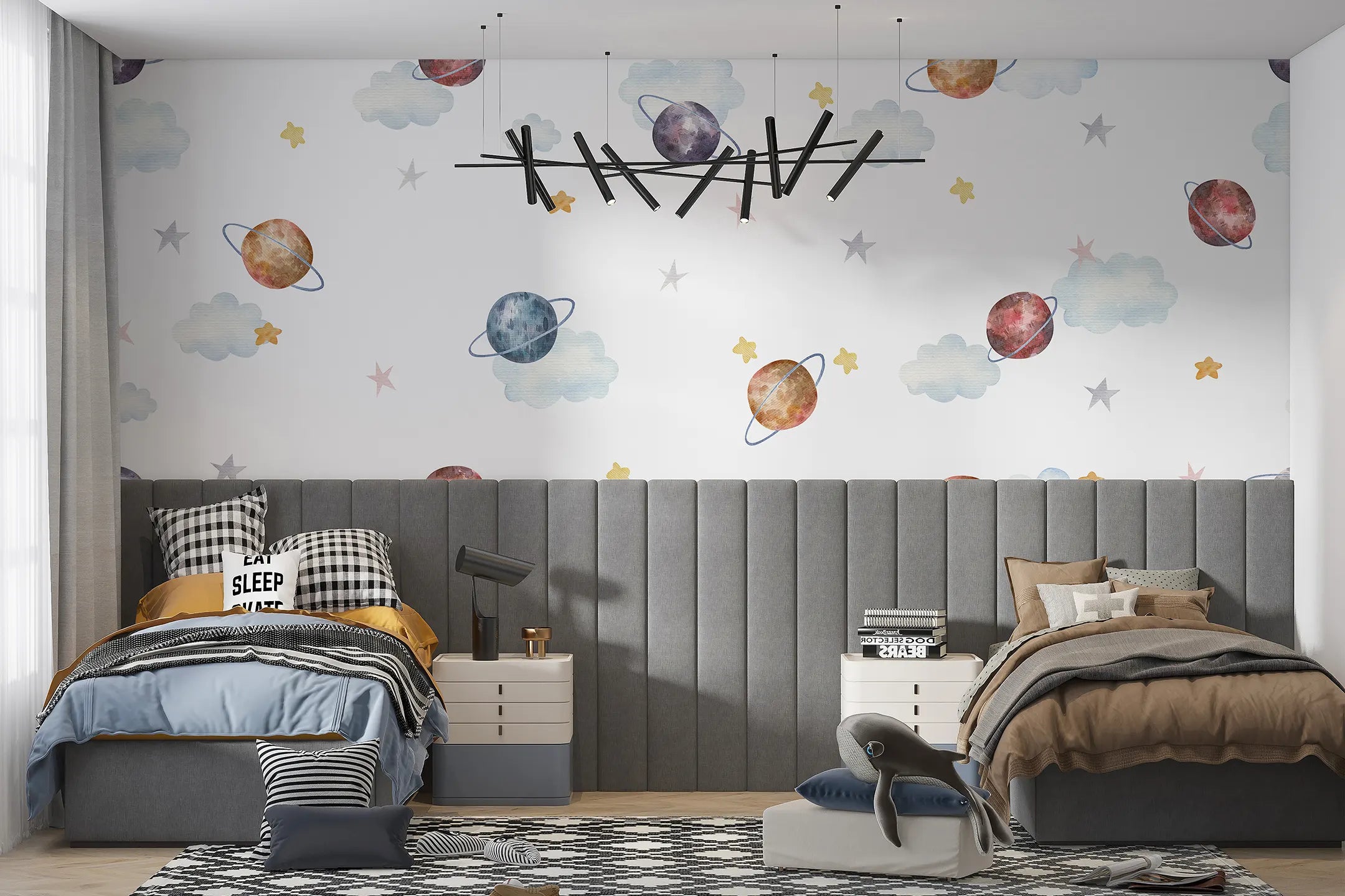 Watercolor Planets & Clouds Kids Wallpaper