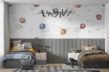 Watercolor Planets & Clouds Kids Wallpaper