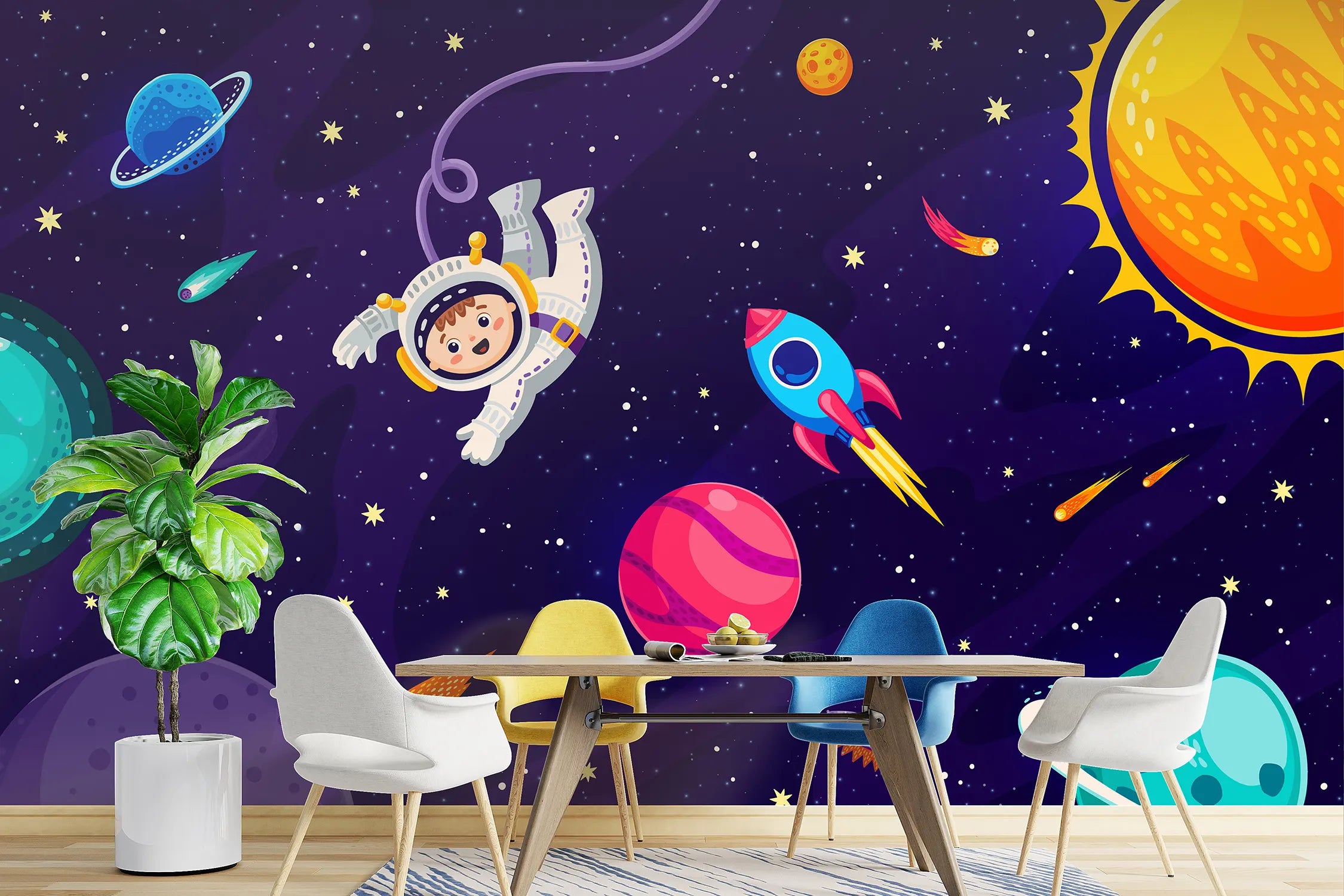 Cute Astronaut in Galaxy Kids Wallpaper
