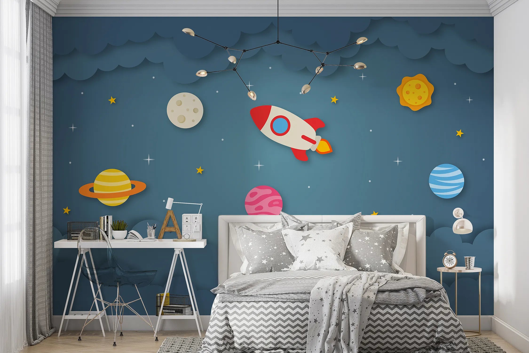 Cartoon Rocket & Planets Sky Wallpaper