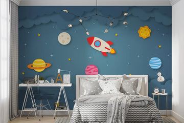 Cartoon Rocket & Planets Sky Wallpaper