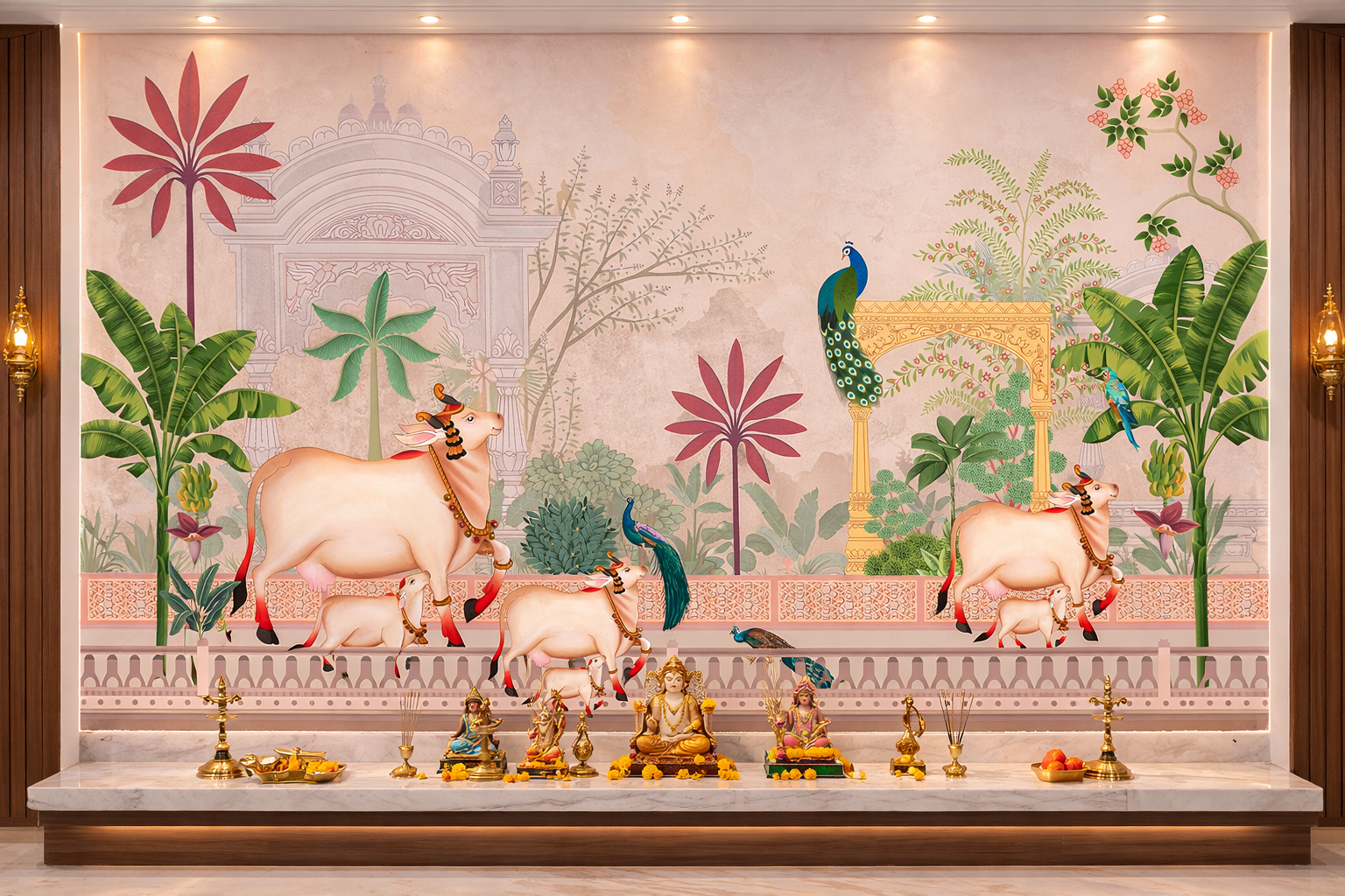 Pastel Blooming Pichwai fabric by Quirky Looks featuring intricate floral and traditional Indian art in soft pastel colors.