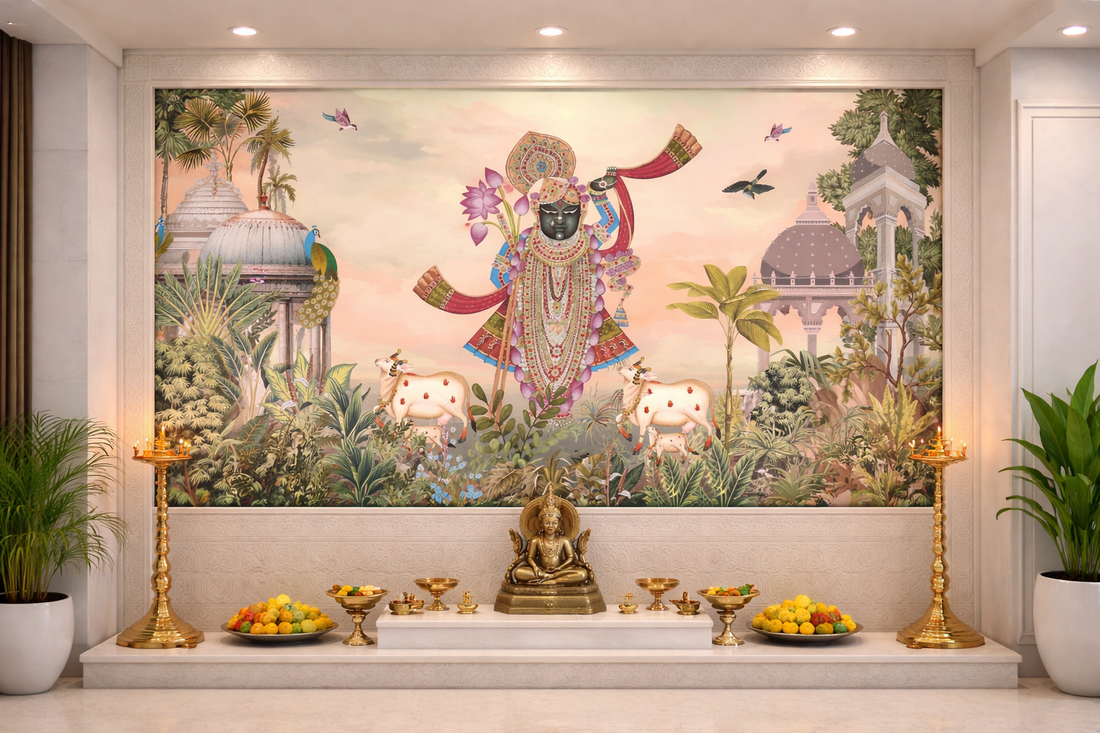 Royal Shrinathji Pichwai artwork by Quirky Looks, featuring intricate traditional Indian painting of Lord Krishna on fabric.