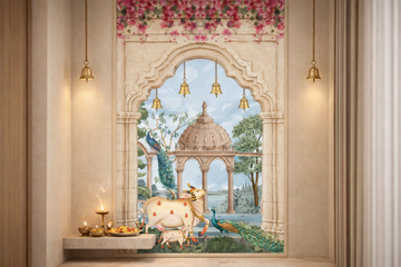 Peacock Courtyard Grace Pichwai artwork by Quirky Looks featuring intricate traditional Indian textile design with peacock motifs.