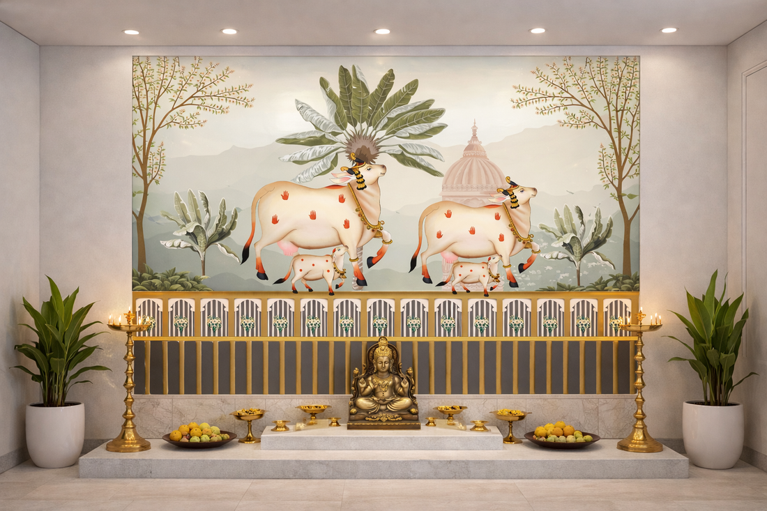 Colorful Blooming Pichwai with cows artwork by Quirky Looks, showcasing intricate traditional Indian textile design.