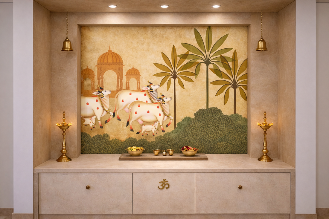 Golden Arch Serenity Pichwai by Quirky Looks featuring intricate traditional Indian textile art with vibrant gold accents.