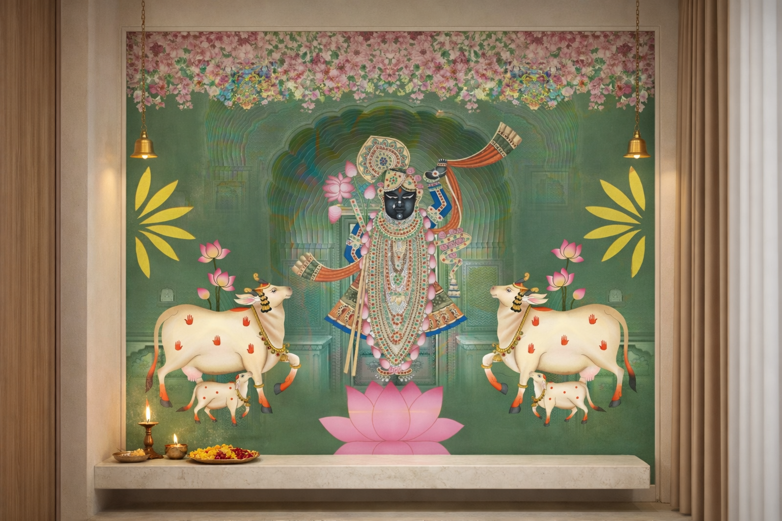 Intricate Shrinathji Divine Pichwai textile art by Quirky Looks, featuring detailed depictions of Lord Krishna and ornate patterns.