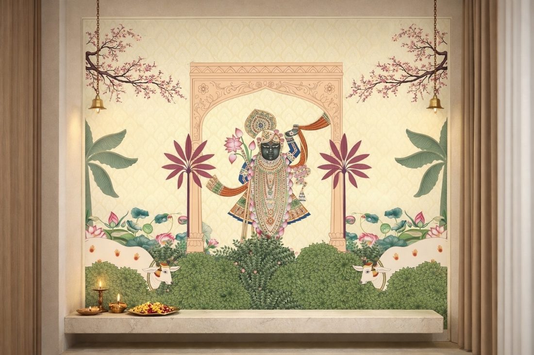 Ivory Shrinathji in garden scene from Quirky Looks Pichwai art, intricate details, vibrant colors, traditional Indian religious painting.