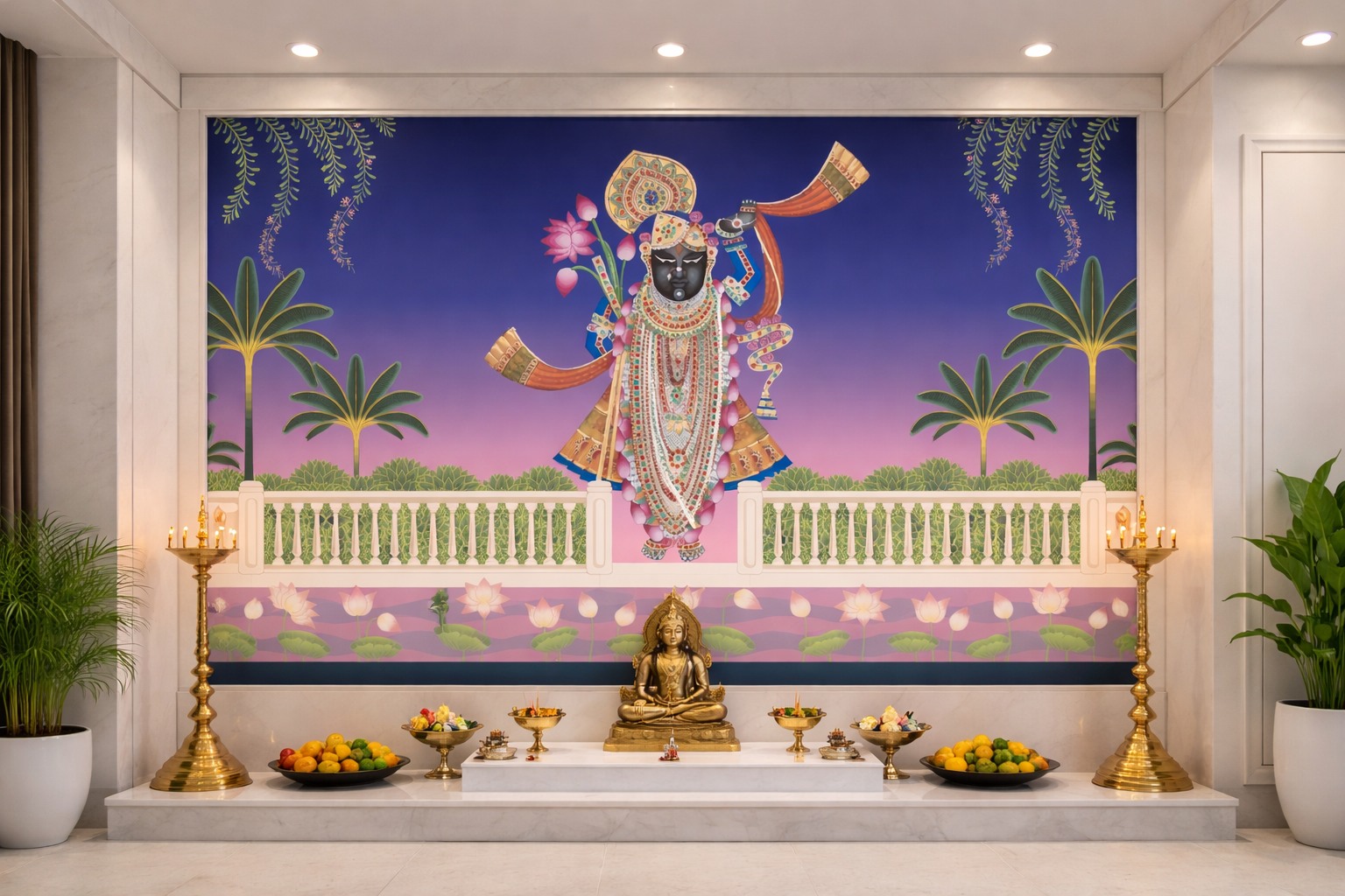 Shrinathji in lotus garden Pichwai painting by Quirky Looks, detailed traditional Indian textile art with vibrant colors and intricate design.