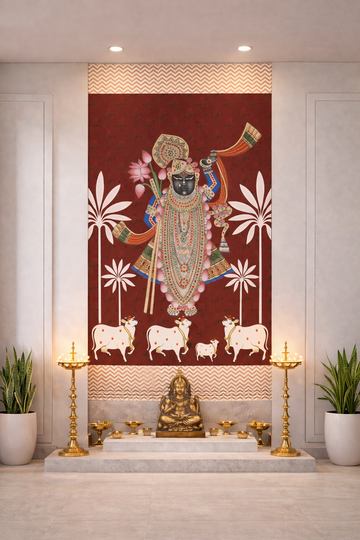 Detailed image of a Shrinathji Pichwai with cows, showcasing vibrant traditional Indian textile art by Quirky Looks.