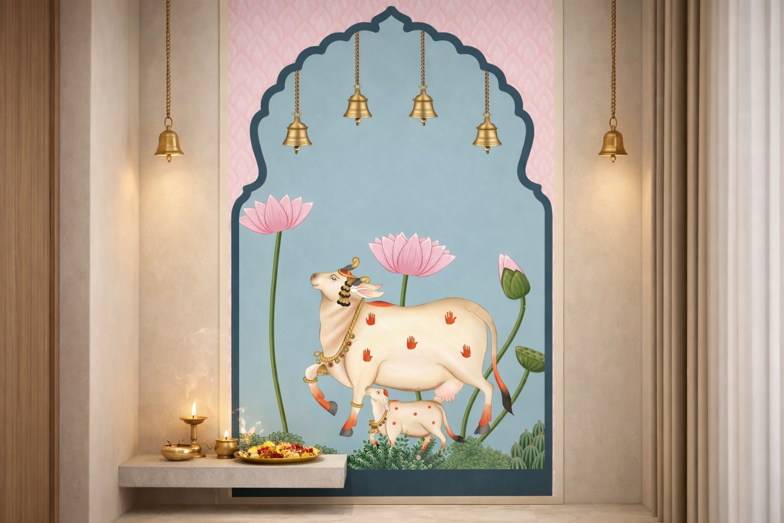 Close-up of the Blush Arch Serenity Pichwai by Quirky Looks, featuring intricate traditional Indian artwork with vibrant colors and detailed patterns.